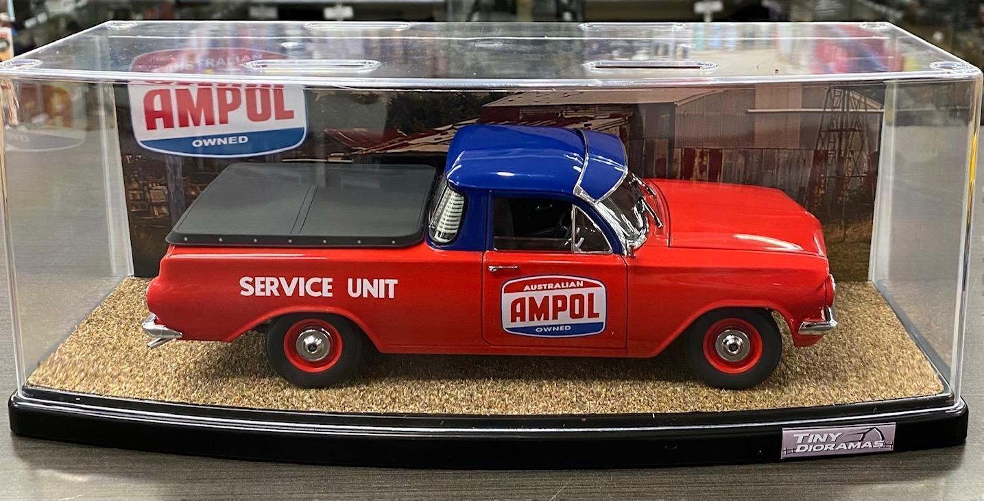 Holden EH Utility Ute Ampol Heritage Collection 1:18 Scale Model Car + Ampol Outback Tiny Dioramas Slimline 1:18 Scale Display Case