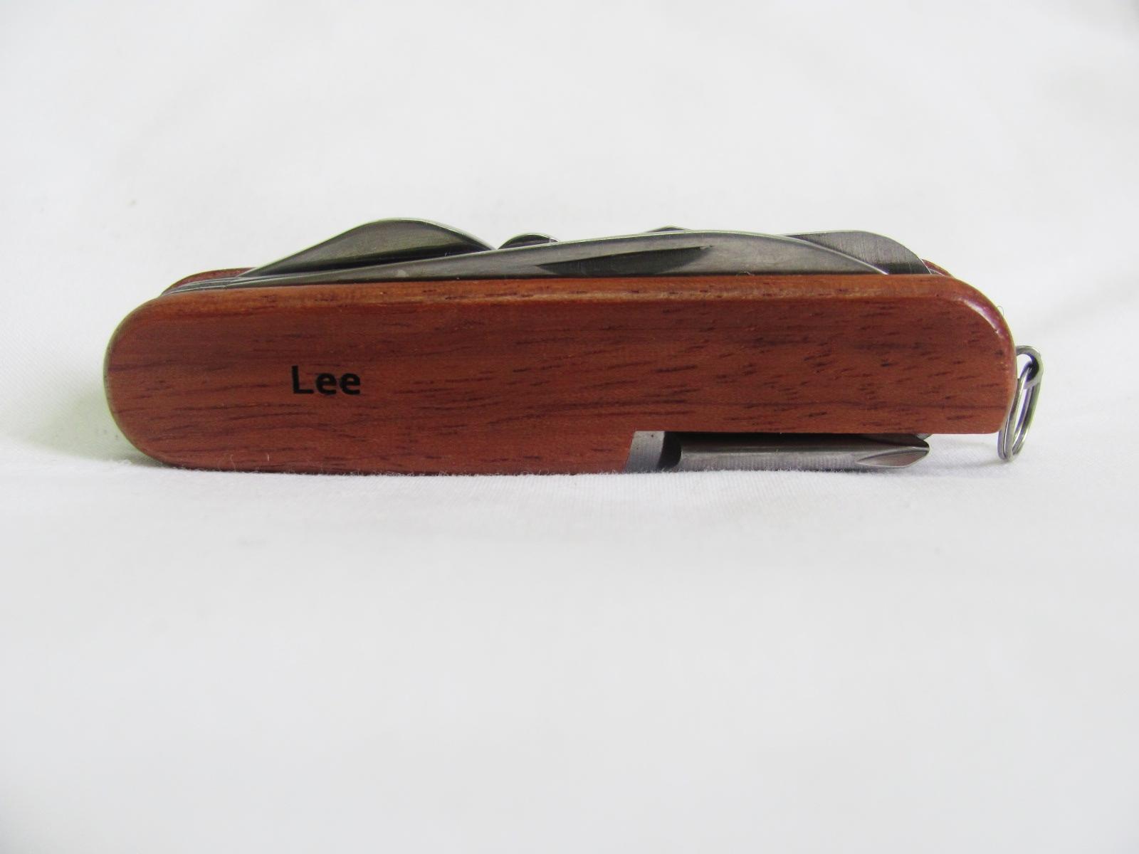 Lee Name Personalised Wooden Pocket Knife Multi Tool With 10 Tools / Accessories