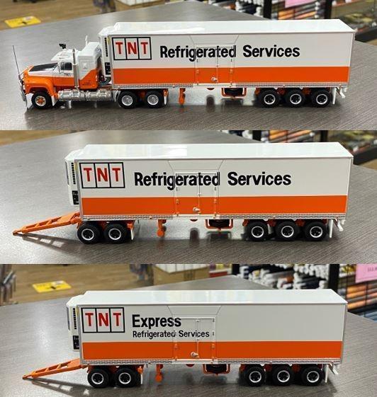 Highway Replicas Mack TNT Express Refrigerated Freight Road Train Die Cast Model Truck With Additional Trailer & Dolly 1:64
