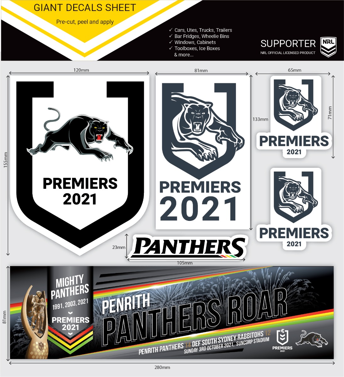 PRE ORDER - Penrith Panthers 2021 NRL Premiers Giant Decals Sheet Set of 6 Stickers