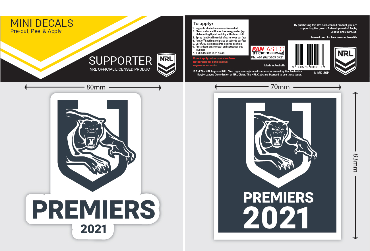 PRE ORDER - Penrith Panthers 2021 NRL Premiers Set of 2 Mini Decals Stickers
