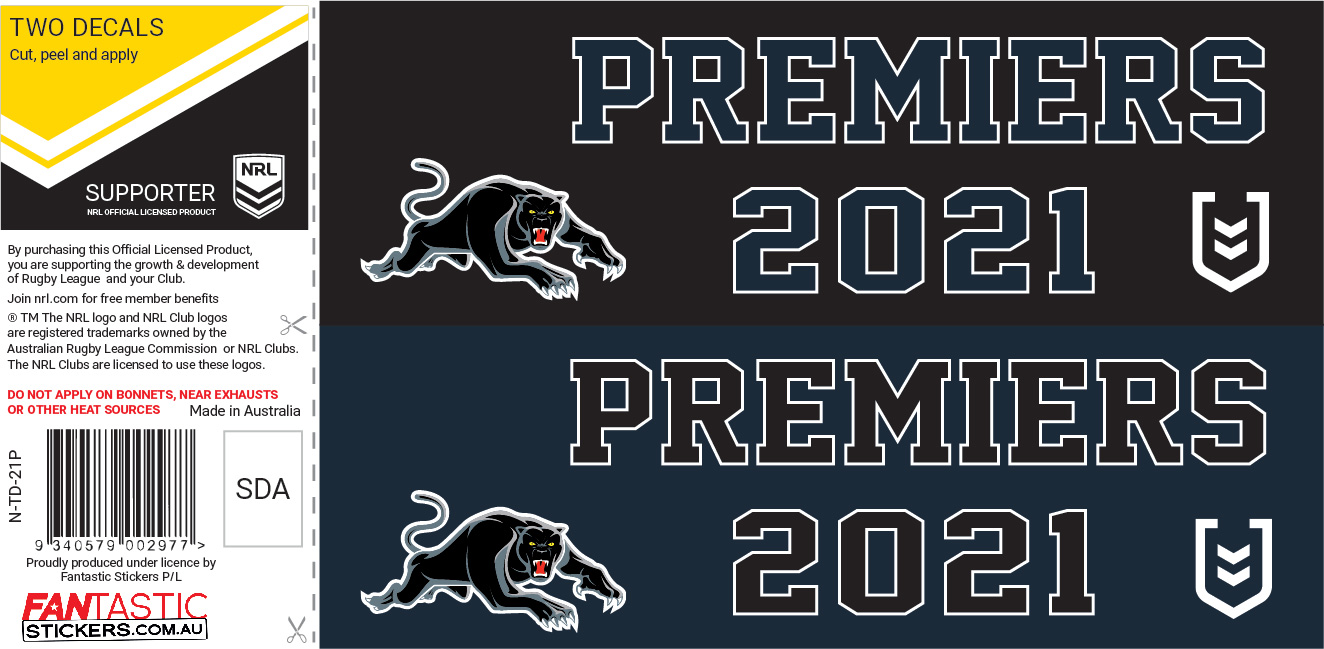 PRE ORDER - Penrith Panthers 2021 NRL Premiers Two Decals Sheet Rectangular Stickers
