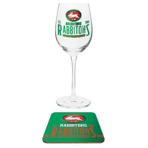 NRL Rabbitohs Wine Glass & Coaster Set