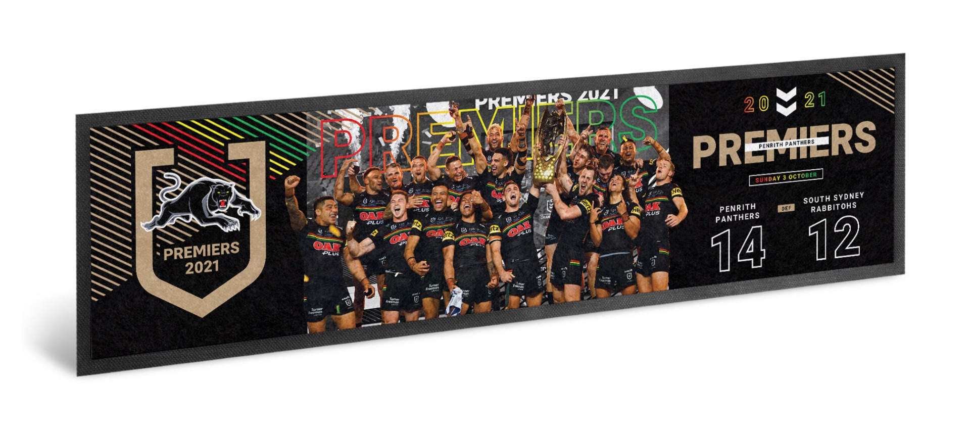 PRE ORDER - Penrith Panthers 2021 NRL Premiers Team Image Rubber Back Bar Runner Mat