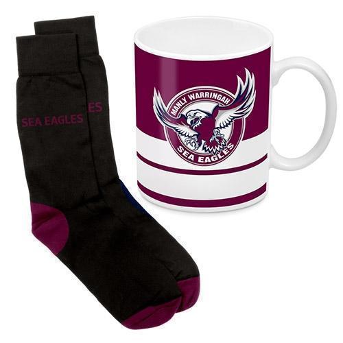 125055 MANLY SEA EAGLES NRL 330ML COFFEE MUG AND KNIT ADULT FIT SOCKS GIFT PACK