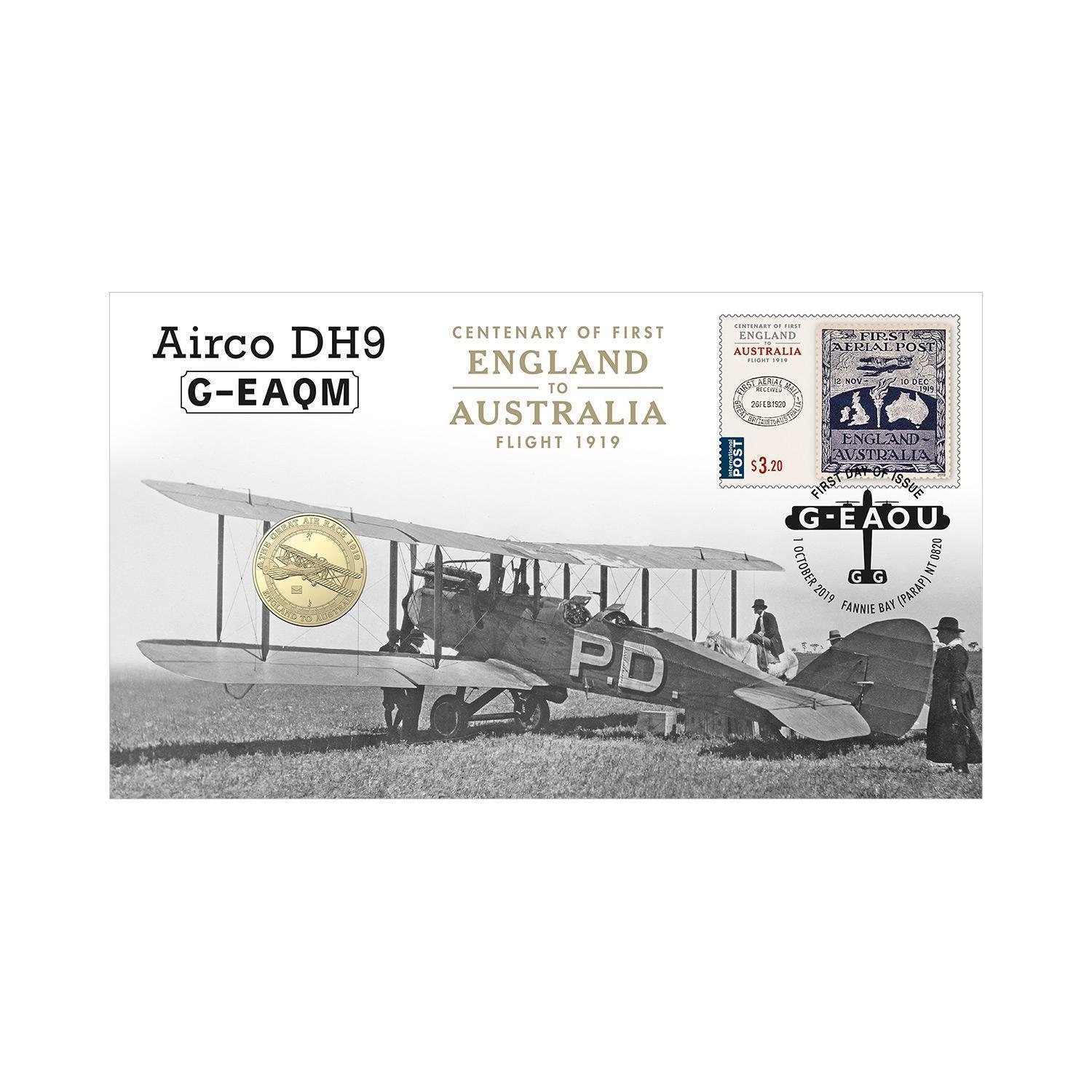 2019 $1 England t2019 $1 England to Australia First Flight Centenary DH9 G-EAQM Stamp & Coin Cover PNCo Australia First Flight Centenary Vikers Vimy G-EAOU Stamp & Coin Cover PNC