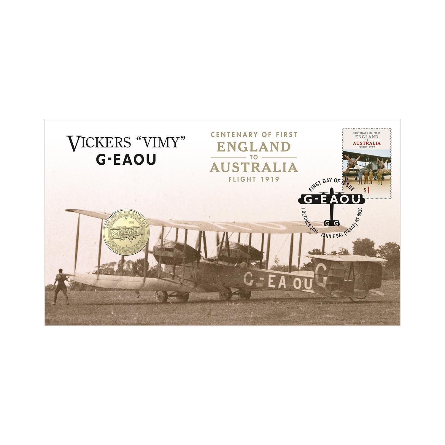 2019 $1 England to Australia First Flight Centenary Vikers Vimy G-EAOU Stamp & Coin Cover PNC