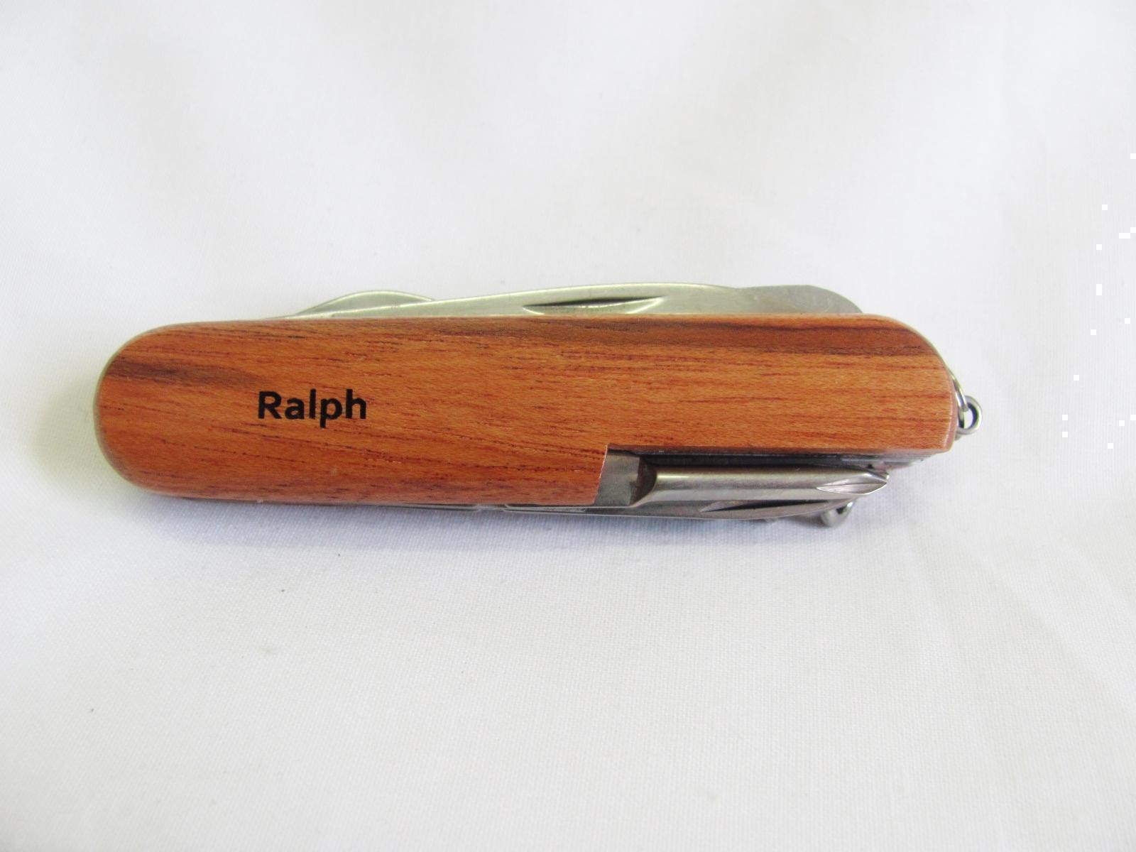 Ralph Name Personalised Wooden Pocket Knife Multi Tool With 10 Tools / Accessories
