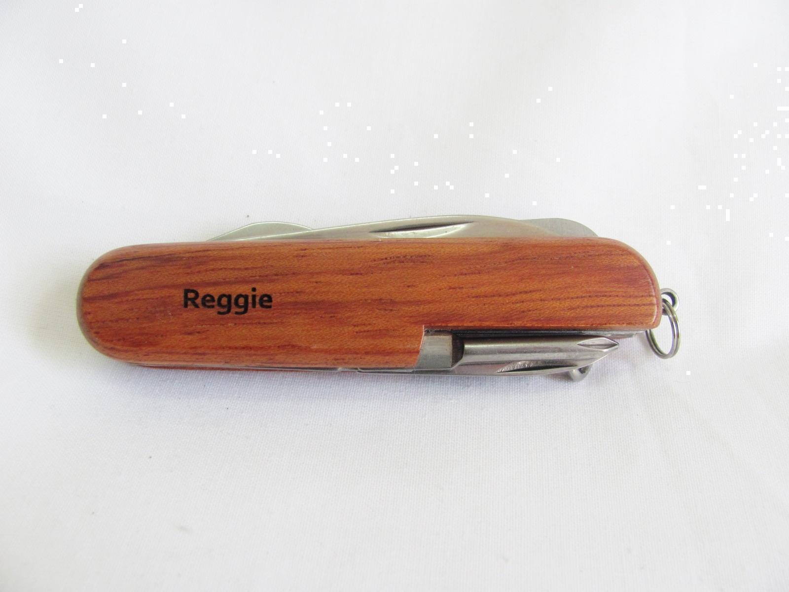Reggie Name Personalised Wooden Pocket Knife Multi Tool With 10 Tools / Accessories