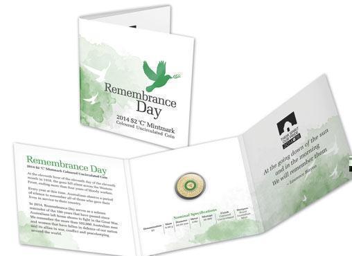 2014 $2 Remembrance Day 'C' Mintmark  Coloured Uncirculated Coin
