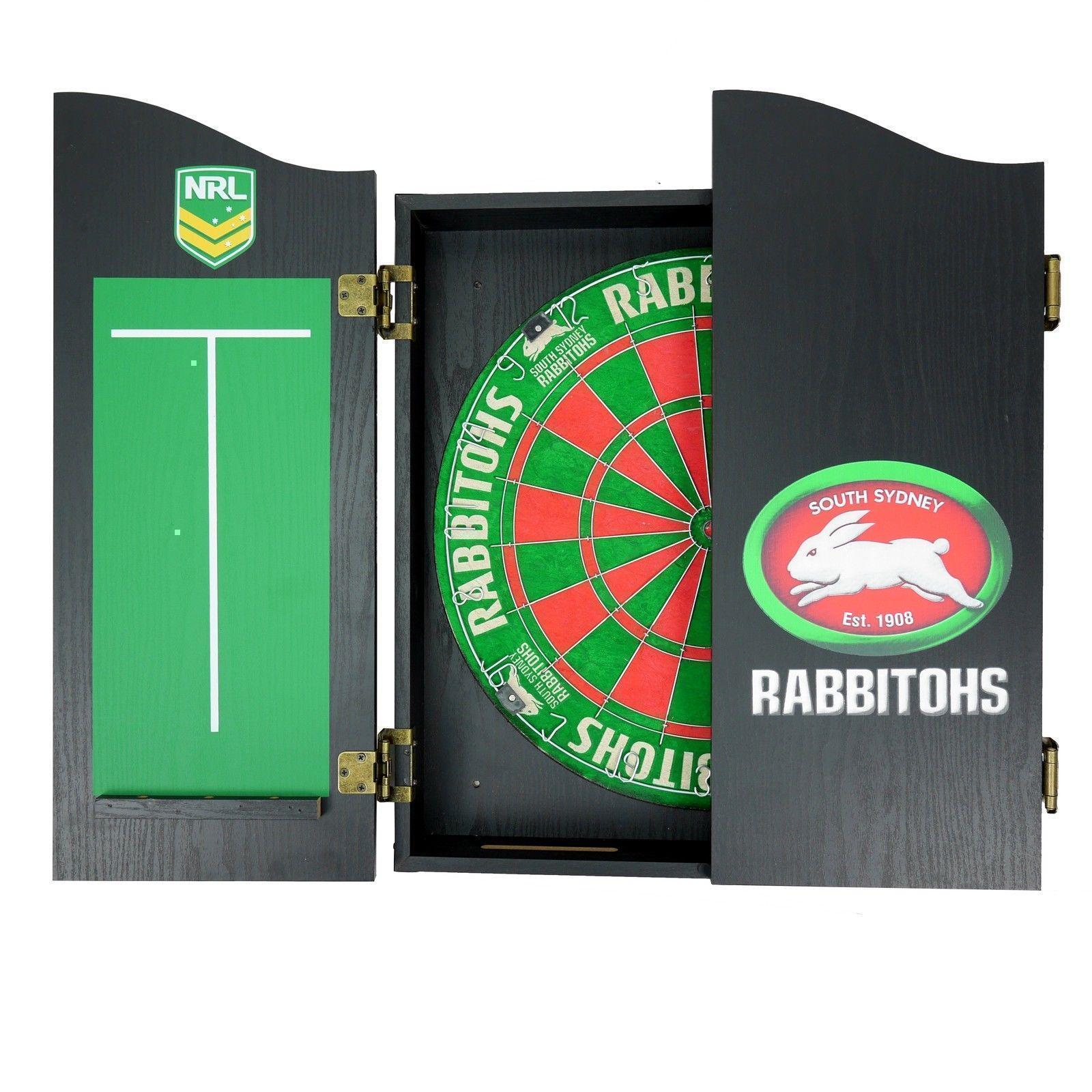 South Sydney Rabbitohs NRL Bristle Dartboard and Wooden Cabinet Dart Board