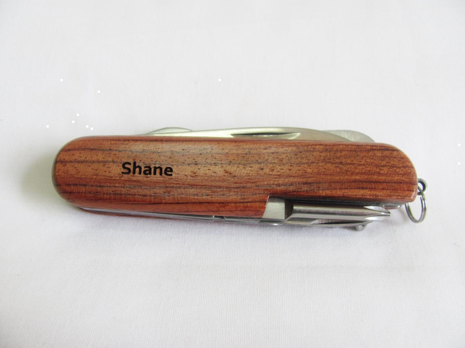 Shane Name Personalised Wooden Pocket Knife Multi Tool With 10 Tools / Accessories