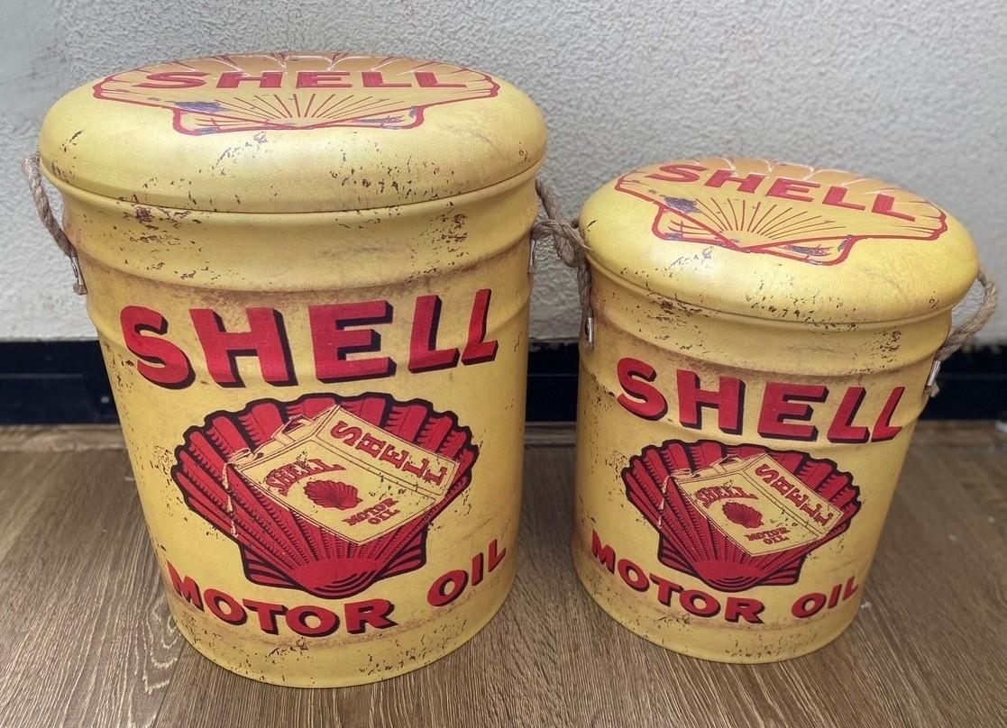 Shell Motor Oil Set Of 2 Storage Stools With Rope Handles - One Small & One Large