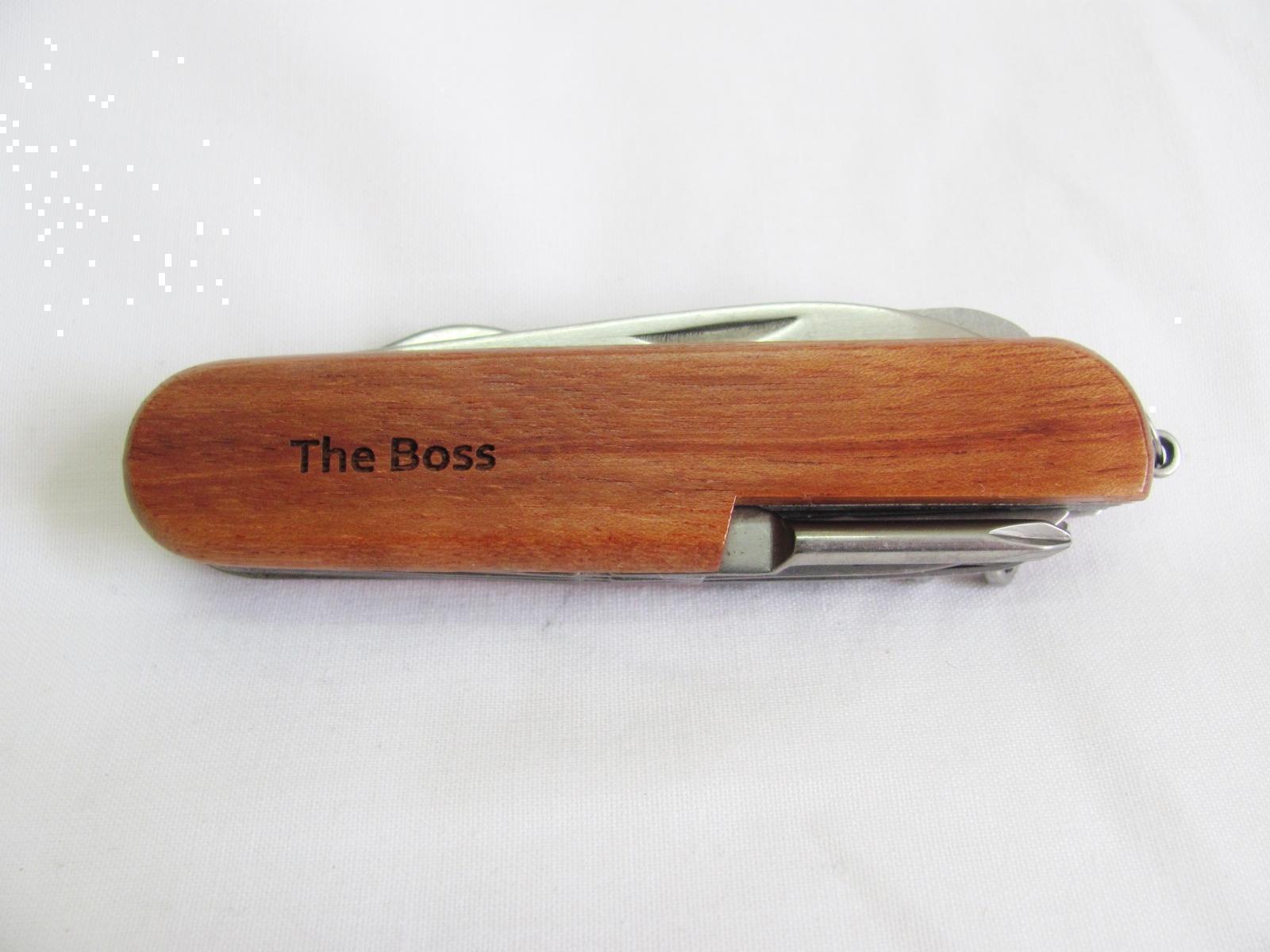 The Boss Name Personalised Wooden Pocket Knife Multi Tool With 10 Tools / Accessories