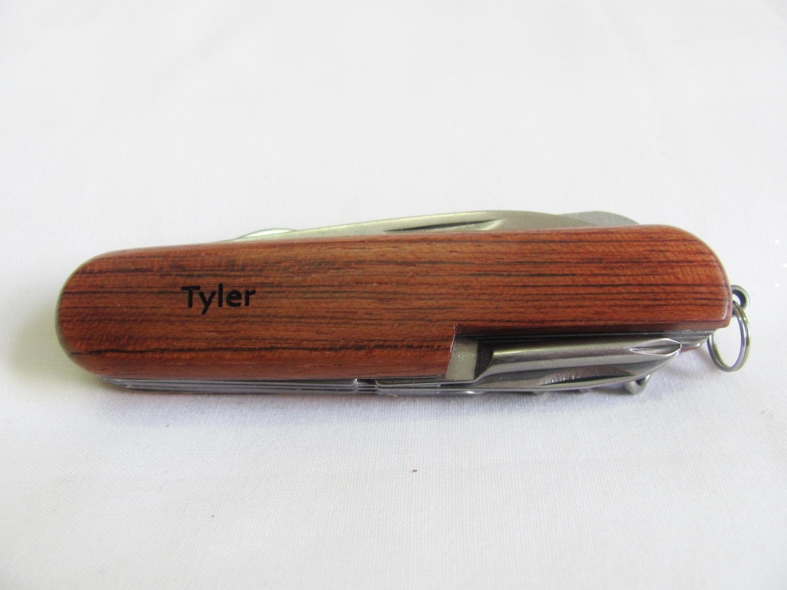 Tyler Name Personalised Wooden Pocket Knife Multi Tool With 10 Tools / Accessories