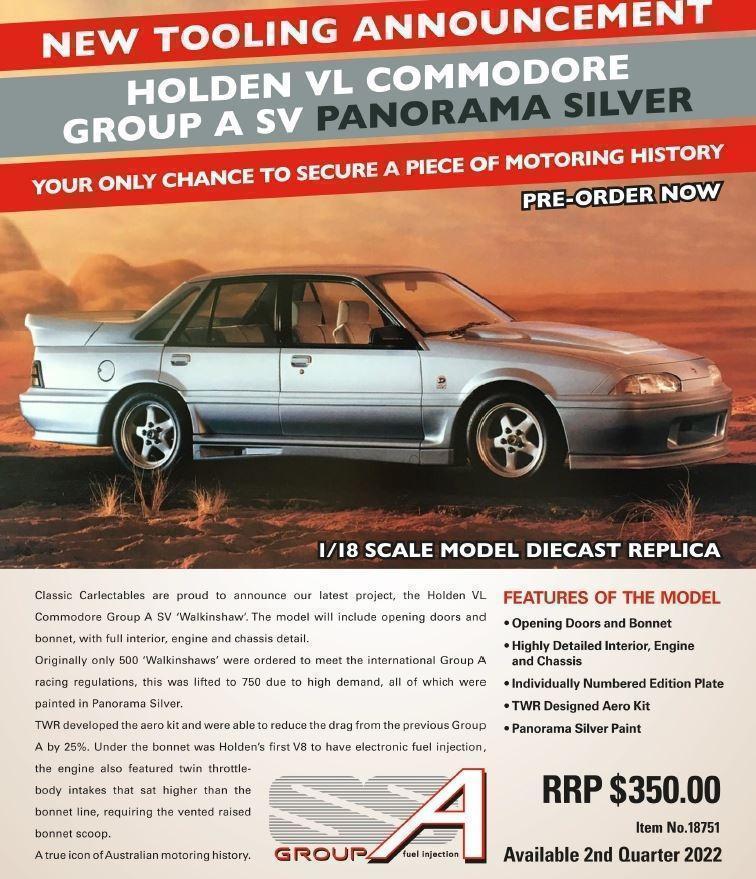 PRE ORDER - Holden VL Commodore Group A SV 'Walkinshaw' Panorama Silver 1:18 Scale Die Cast Model Car (FULL PRICE - $350.00*) - Includes Matching Pin Badge + A4 Dealers Promotional Poster