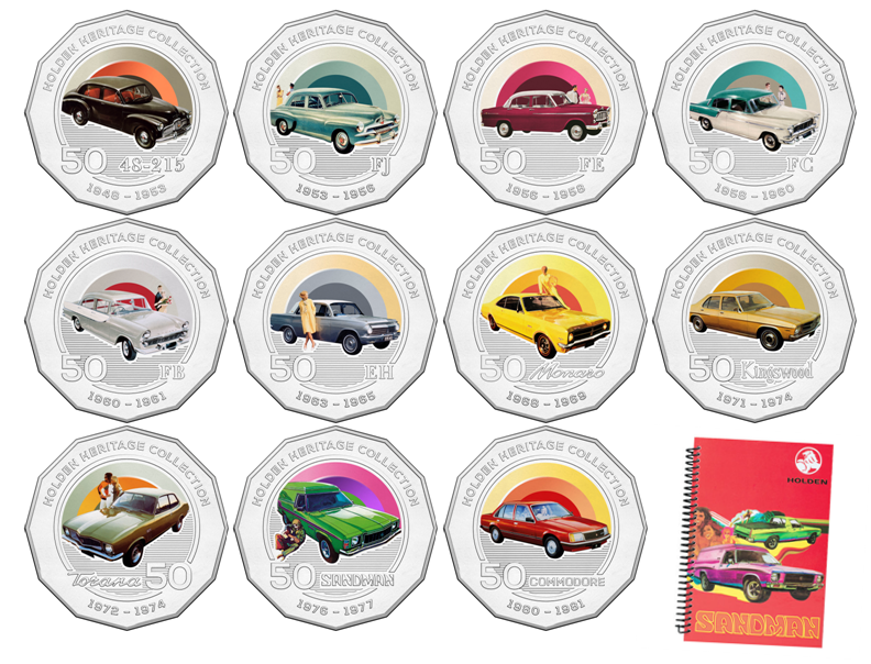 2016 Set Of 11 Holden Heritage Collection Coins - Coloured Uncirculated 50c Coin + Free Sandman Notebook